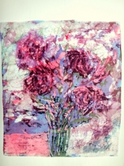 Purpurowy wazon 43*50, batik na jedwabiu